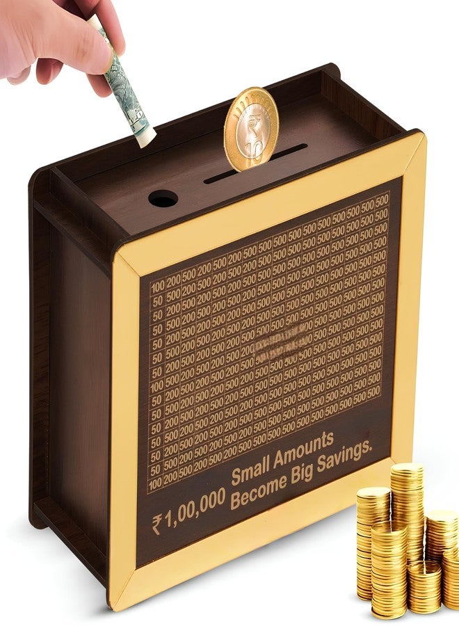SOLEGLOW Wooden Piggy Bank - Landscape Design Savings Box for Kids, Adults & Girls | 1,00,000 Savings Challenge Box | User-Friendly Cashbox, Coin Box & Money Saver (Golden) - Image 1
